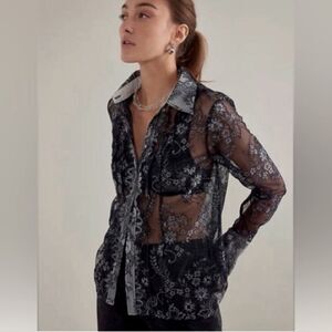 Anthropologie Maeve Womens Button Down Blouse‎ Black XS lace sheer NWT
